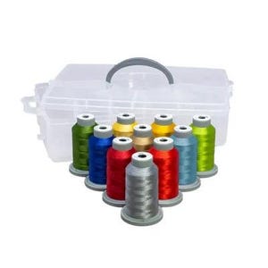 May include: A clear plastic storage case with a handle, containing 10 spools of embroidery thread in various colors, including red, green, blue, yellow, and gold.