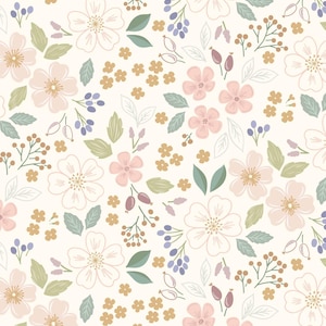 May include: A floral pattern on a cream background, featuring pink and white flowers. The design includes green leaves, small gold flowers, and purple berries. The overall aesthetic is delicate and inspired by nature.
