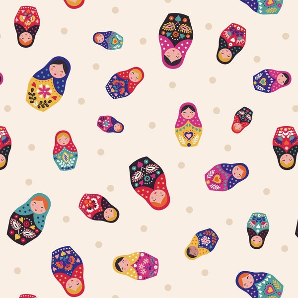 LAST BOLT! Lewis & Irene Little Matryoshka Fabric Collection Matryoshka on Cream Premium 100% Cotton Quilt Shop Quality Fabrics