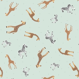 Lewis & Irene Small Things Wild Animals Fabric Collection Giraffes and Zebras on Mint Premium 100% Cotton Quilt Shop Quality Fabrics