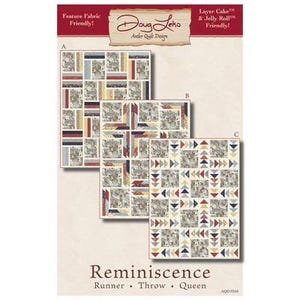 May include: Quilt pattern instructions for a quilt called "Reminiscence" by Doug Leko Antler Quilt Designs. The pattern includes instructions for a runner, throw, and queen size quilt. The quilt features a patchwork design with a variety of fabrics in shades of red, blue, and cream.