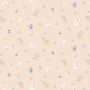 May include: A repeating pattern of delicate floral elements on a light peach background. The design features small white, purple, and pink flowers, along with green leaves, creating a soft, natural aesthetic.
