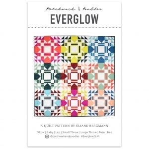 May include: A quilt pattern called "Everglow" by Eliane Bergmann. The pattern features a colorful geometric design with squares, triangles, and rectangles in shades of red, yellow, blue, green, and white.