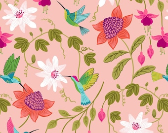 LAST BOLT! Lewis & Irene Hibiscus Hummingbird Fabric Collection Large Floral on Blush Pink Premium 100% Cotton Quilt Shop Quality Fabrics