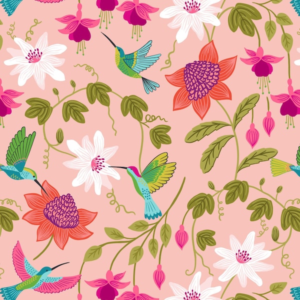 LAST BOLT! Lewis & Irene Hibiscus Hummingbird Fabric Collection Large Floral on Blush Pink Premium 100% Cotton Quilt Shop Quality Fabrics