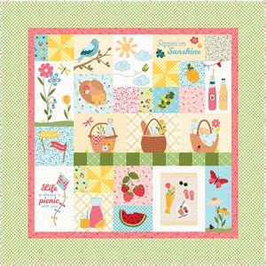 Puede incluir: Un edredón de retazos colorido con temática de picnic. El edredón presenta cuadrados con ilustraciones de un pájaro azul, cestas de picnic, frutas y los textos "Sippin' on Sunshine" y "Life is always a picnic with you."
