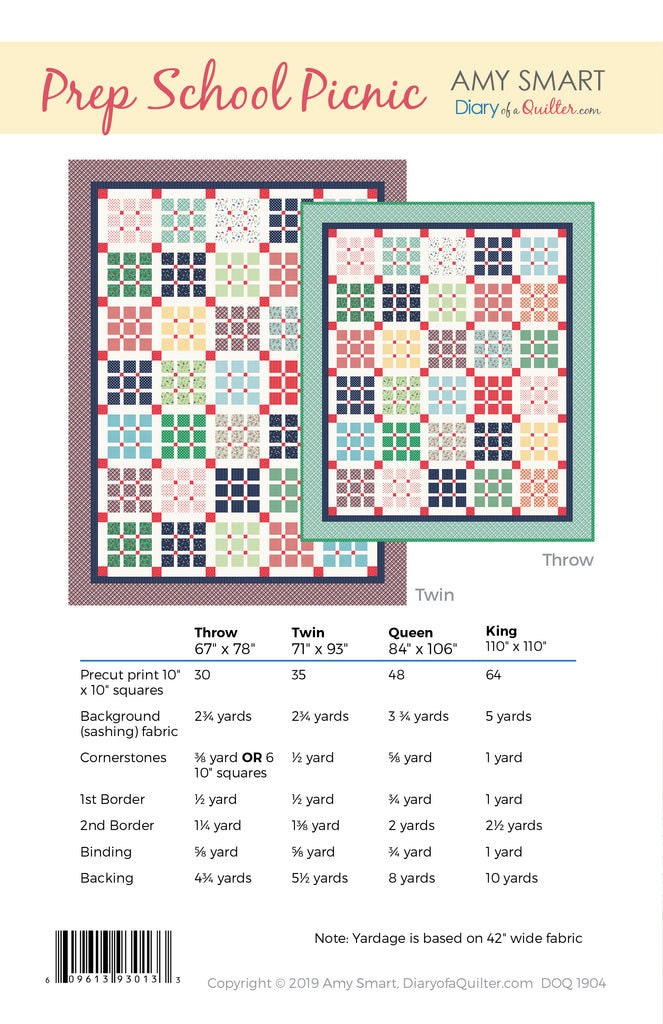 Diary of a Quilter Amy Smart Prep School Picnic Quilt Pattern - 4 Size ...