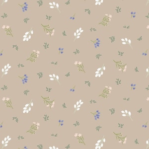 May include: A seamless pattern with a tan backdrop, adorned with a scattering of floral motifs. The design incorporates small sprigs of white, pink, and blue flowers, alongside tiny green leaves, offering a delicate, natural appearance.