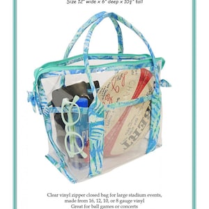 May include: Clear vinyl stadium bag with blue and green patterned trim. The bag is 12 inches wide, 6 inches deep, and 10.5 inches tall. It features a zipper closure, handles, and internal pockets. The bag contains a football, glasses, and a water bottle.
