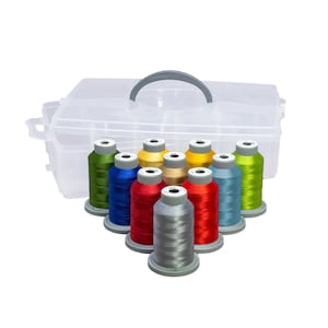 May include: A clear plastic storage case with a handle, containing 10 spools of embroidery thread in various colors, including green, red, blue, silver, and gold.