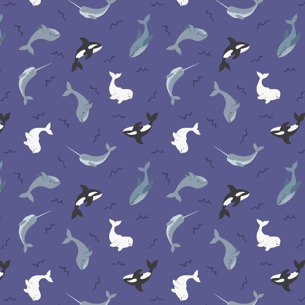 Lewis & Irene Small Things Polar Animals Fabric Collection Pearlescent Whales on Indigo Blue Premium 100% Cotton Quilt Shop Quality Fabrics