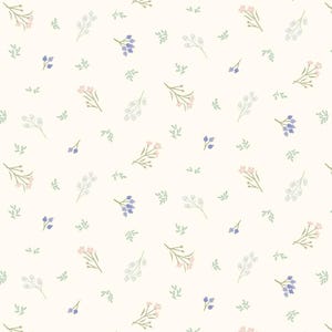 May include: A repeating pattern on a cream background, featuring small floral and leaf motifs. The design includes clusters of pink, blue, and white flowers, alongside green leaves, creating a delicate and natural aesthetic.