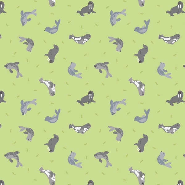 Lewis & Irene Small Things Polar Animals Fabric Collection Pearlescent Seals on Iced Lime Premium 100% Cotton Quilt Shop Quality Fabrics