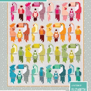 May include: A quilt pattern featuring a colorful array of tropical birds, including parrots, toucans, and cockatoos, arranged in a grid pattern. The quilt pattern is titled "Pretty Birds" and includes instructions for making two sizes: 69" x 79" and 36" x 37".