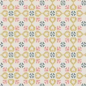 END OF BOLT 14&quot; Lewis & Irene Folk Floral Fabric Collection Cross Stitch Hearts on Cream Premium 100% Cotton Quilt Shop Quality Fabrics