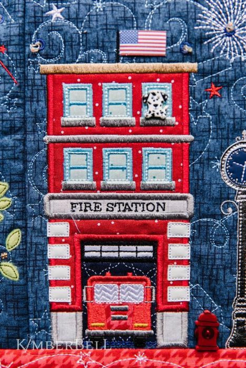 May include: A red brick fire station building with white windows and a fire truck inside. The building has a sign that reads "FIRE STATION".