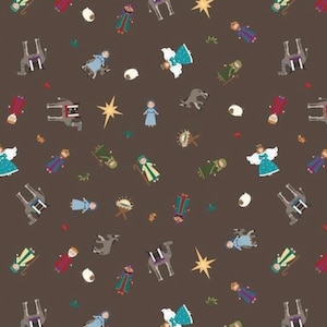 May include: A brown background with a repeating pattern of various Christmas characters and symbols. The characters include angels, wise men, shepherds, and a donkey. The symbols include a star, a manger, and a sheep.