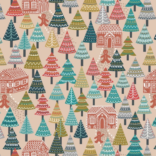 END OF BOLT 17" Lewis & Irene Gingerbread Season Fabric Collection Gingerbread Forest on Light Butterscotch Premium 100% Cotton Fabric