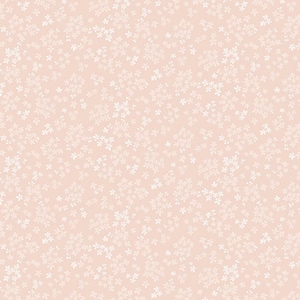 May include: A repeating pattern with a pale peach backdrop, adorned with tiny white floral motifs. The flowers, each with five petals, are spread across the surface, offering a gentle, airy visual texture.