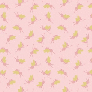 May include: A seamless pattern featuring pink fairies with yellow wings on a light pink background with white dots.