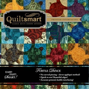 May include: A colorful quilt pattern featuring turtle designs in various colors, including blue, red, and green. The image includes the text "Quiltsmart" and "Turtle Dance", along with descriptions of the product's features.