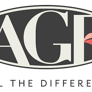 May include: Logo with the letters "AGF" in a cream color, set against a dark gray oval background. The text "FEEL THE DIFFERENCE" is below the logo in a simple, sans-serif font. Pink and red floral accents are on the left and right of the letters.