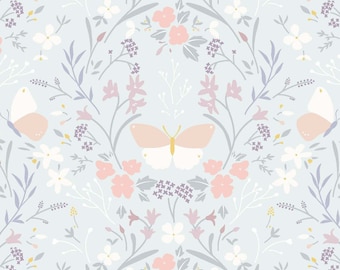 Lewis & Irene Heart of Summer stoffencollectie: bloemenmotief op eendenblauw, authentieke premium 100% katoenen stof.