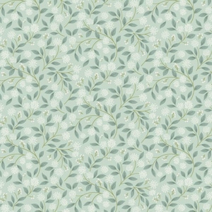 May include: A repeating floral pattern on a pale green background. The design features white flower clusters, grey-green leaves, and slender, winding stems in a darker green. The overall effect is delicate and botanical, suitable for various applications.