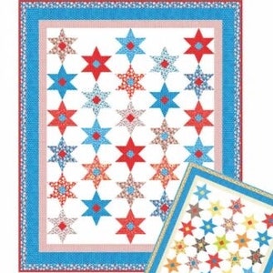 May include: A quilting pattern called "Estrellas" featuring a colorful quilt with a design of 8-point stars. The pattern includes instructions for making the quilt and is by Fig Tree & Co.