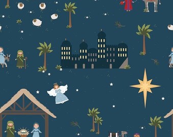 LAST RESTOCK! Riley Blake Silent Night Fabric Collection Bethlehem Nativity Main Print on Midnight Sparkle Premium 100% Cotton Fabrics