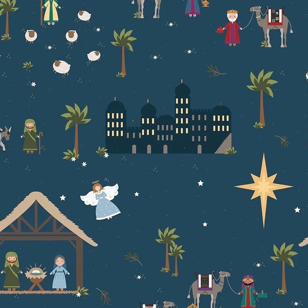 LAST RESTOCK! Riley Blake Silent Night Fabric Collection Bethlehem Nativity Main Print on Midnight Sparkle Premium 100% Cotton Fabrics