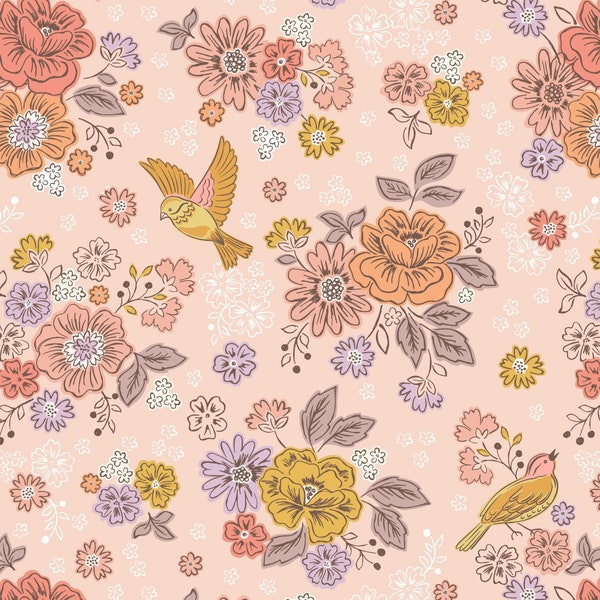 END OF BOLT 7" Lewis & Irene Hannah’s Flowers Fabric Collection Songbirds and Flowers on Rose Premium 100% Cotton Quilt Shop Quality Fabrics