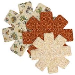 May include: Set of six round pot holders in three different patterns. The patterns include a floral design with a beige background, a geometric pattern with an orange background, and a beige pattern with a white background.