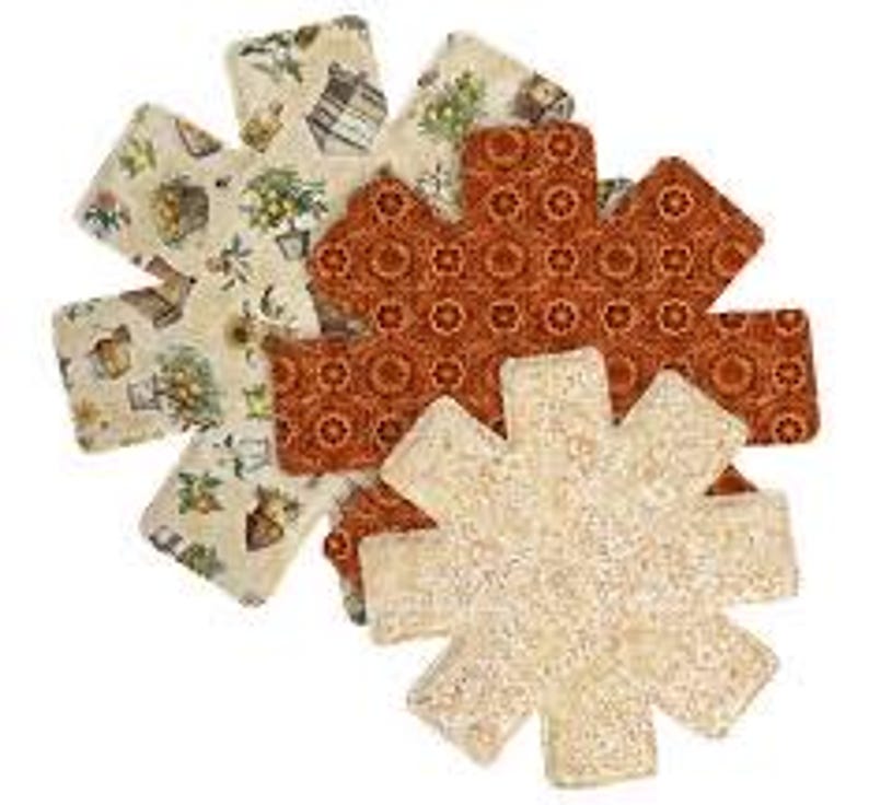 May include: Set of six round pot holders in three different patterns. The patterns include a floral design with a beige background, a geometric pattern with an orange background, and a beige pattern with a white background.