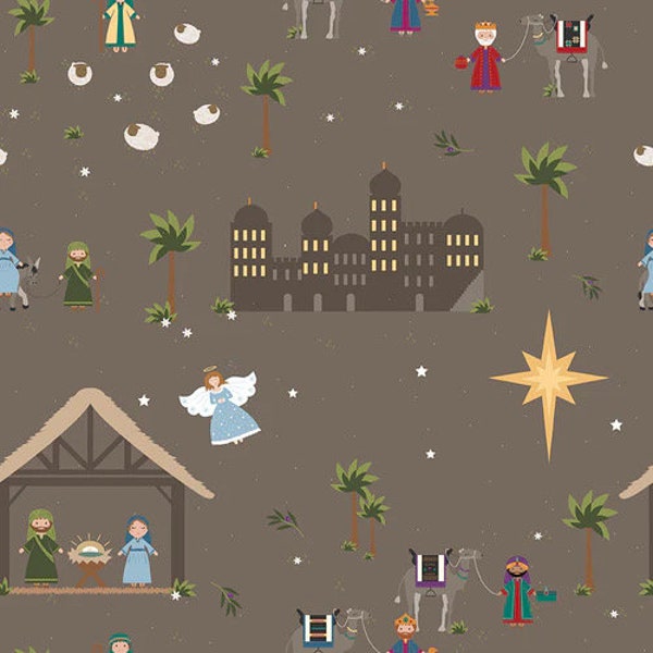 LAST BOLT! Riley Blake Silent Night Fabric Collection Bethlehem Nativity Main Print on Stone Sparkle Premium 100% Cotton Fabrics