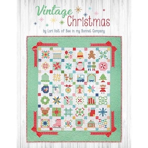 May include: Vintage Christmas quilt pattern featuring a green background with red and white accents. The quilt is made up of a variety of small squares with different designs, including Christmas trees, ornaments, and Santa Claus. The text "Vintage Christmas" is printed at the top of the quilt.