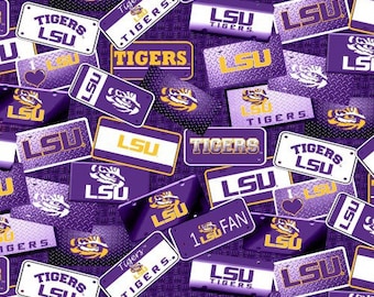 LSU Tigers (Louisiana State University) License Plate Print Fabric by Sykel QSQ100% Cotton