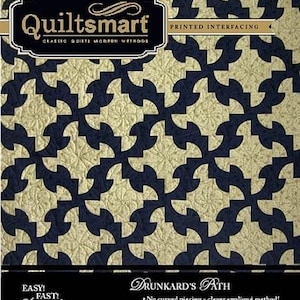 May include: Quiltsmart printed interfacing pattern for a Drunkard's Path quilt. The pattern features a black and gold geometric design with a black background and gold shapes. The text on the pattern reads "Easy! Fast! Smart!" and "Drunkard's Path".