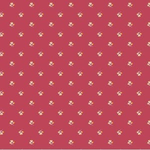 May include: A repeating pattern of small, stylized floral clusters in shades of cream, yellow, and orange, set against a deep red background. The design is evenly spaced, creating a consistent and visually appealing texture.