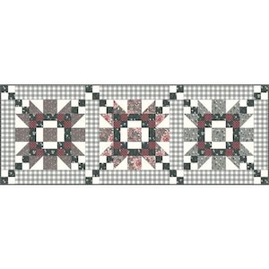 以下が含まれることがあります： 黒と白のギンガムチェックの正方形が3つあり、それぞれの正方形の中央に黒と白のスターバーストパターンがあります。スターバーストパターンは、ピンク、赤、白の色の花柄の小さな正方形で構成されています。