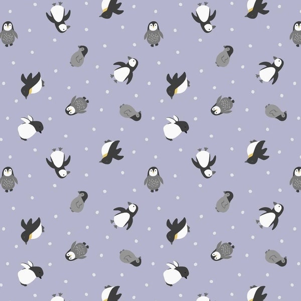 Lewis & Irene Small Things Polar Animals Fabric Collection Pearlescent Penguins on Iced Lilac Premium 100% Cotton Quilt Shop Quality Fabrics