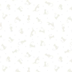 May include: A white background featuring a repeating pattern of light grey cat silhouettes in different poses. Small, light grey dots are scattered across the design, creating a playful and whimsical aesthetic. The overall theme is cat-themed.