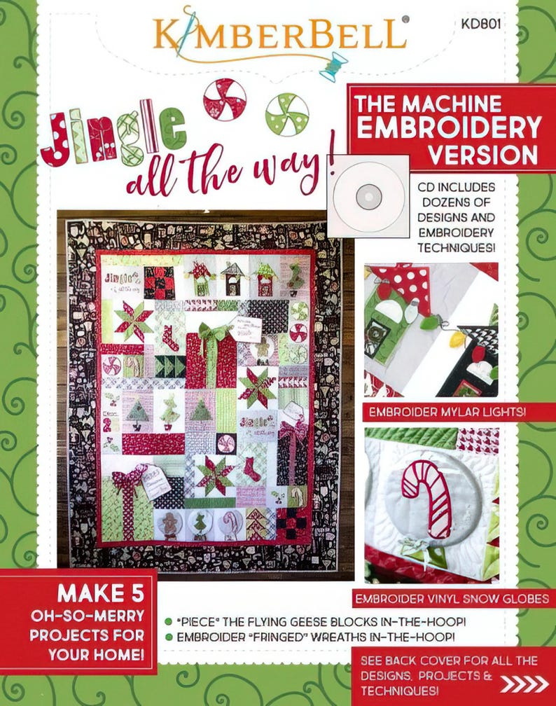 Puede incluir: Un kit de bordado a m&aacute;quina Kimberbell con el texto "Jingle all the way!" presenta un dise&ntilde;o de edred&oacute;n con tem&aacute;tica navide&ntilde;a. El kit incluye un CD con dise&ntilde;os y t&eacute;cnicas de bordado. Los proyectos incluyen luces de mylar bordadas y bolas de nieve de vinilo.