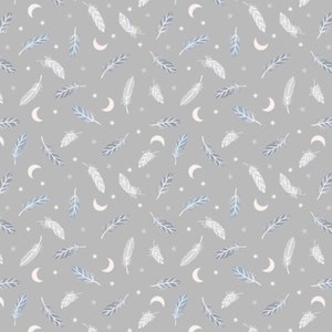 LAST BOLT! Lewis & Irene Enchanted Fabric Collection Metallic Silver Feathers and Stars on Grey