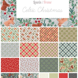 Pode incluir: Uma coleção de amostras de tecido com o padrão Celtic Christmas da Lewis & Irene. Os designs incluem vacas Highland, azevinho, bagas e vários motivos florais e xadrez em paletas de cores vermelho, verde, cinza e creme.