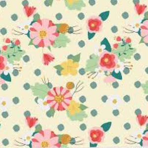 May include: A seamless pattern featuring pink, red, and yellow flowers with green leaves on a light yellow background with blue polka dots.