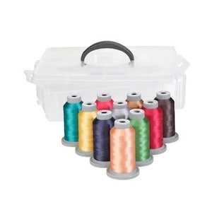 May include: A clear plastic storage box with a handle, containing 10 spools of colorful embroidery thread.