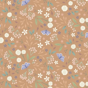 May include: A seamless floral pattern with a repeating design. It features white, light blue, and pink flowers, light blue butterflies, and green leaves on a warm brown background. Ideal for fabric or wallpaper.