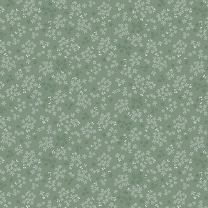 May include: A repeating floral pattern in shades of green and white. The design features small, stylized flowers scattered across a muted green backdrop. The pattern creates a delicate, meadow-like effect, suitable for various applications.