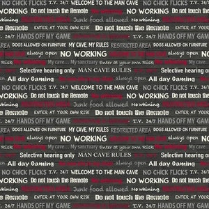 LAST BOLT!! Windham Fabrics “Man Cave” Fabric Collection  Man Cave Rules on Dark Grey Premium 100% Cotton Quilt Shop Quality Fabrics